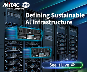 Advertisement for MITAC Computing featuring the text 'Defining Sustainable AI Infrastructure' with images of server hardware in the background.